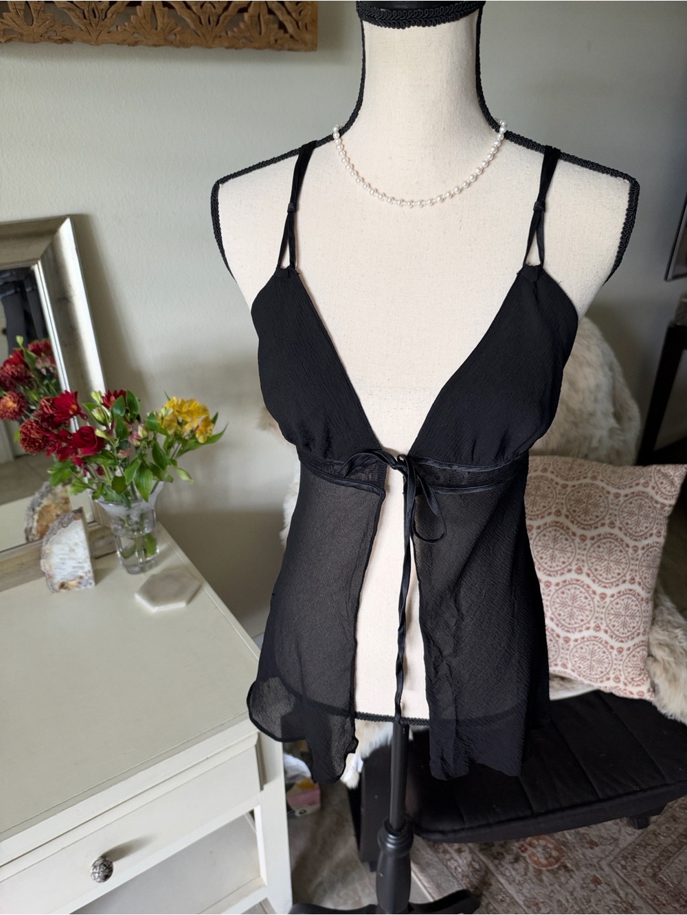 Victoria’s Secret Vtg 90’s black sheer whimsy goth tie front cami top M
